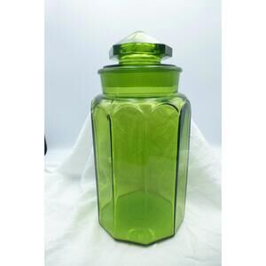 Vintage LE Smith 11.5" Green Glass 10 Paneled Canister Apothecary Jar w/Lid H1